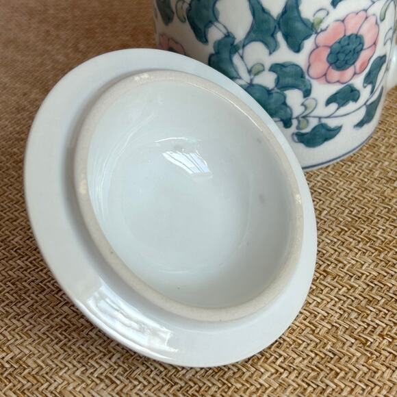 Vintage Pier 1 Floral Ceramic Tea Mug with Lid Pink Green Flowers China - Picture 5 of 8